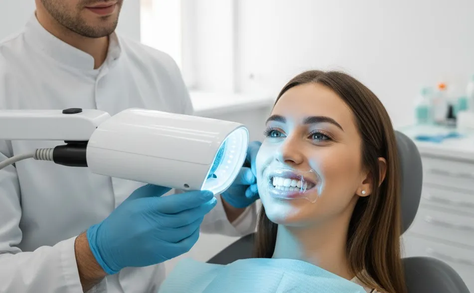 Paciente sonriendo durante una sesión de blanqueamiento dental con lámpara