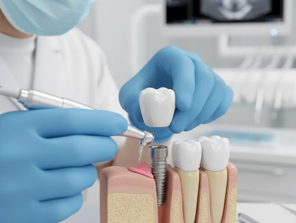 Maqueta de un implante dental de titanio con su corona, junto a dientes naturales