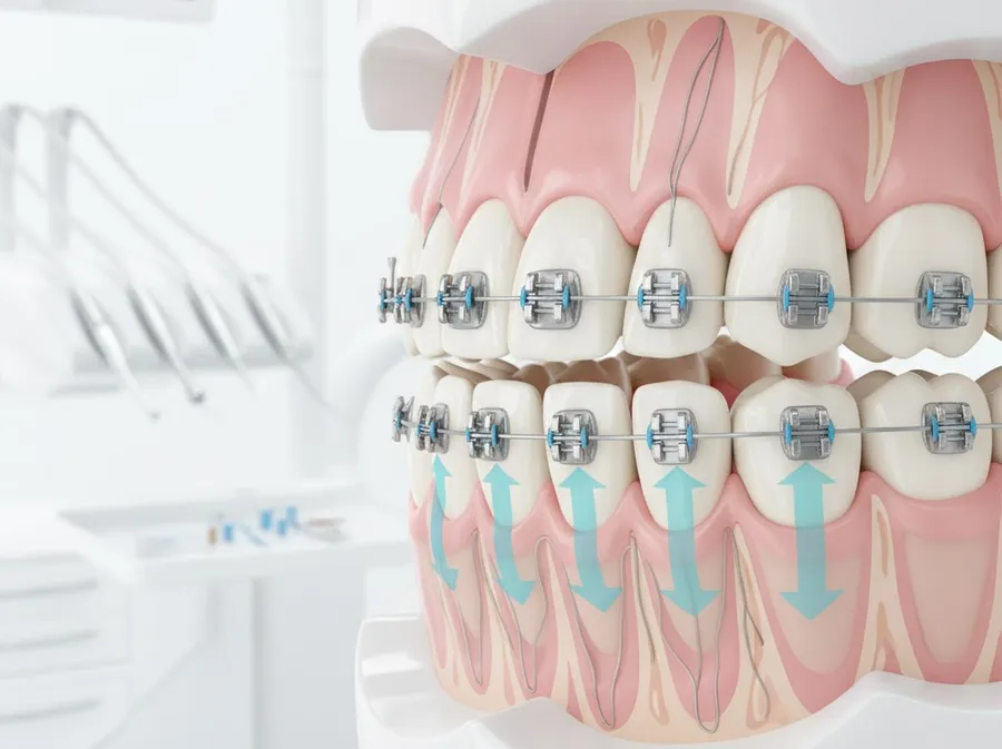 Modelo dental con brackets metálicos y flechas que indican el movimiento de los dientes