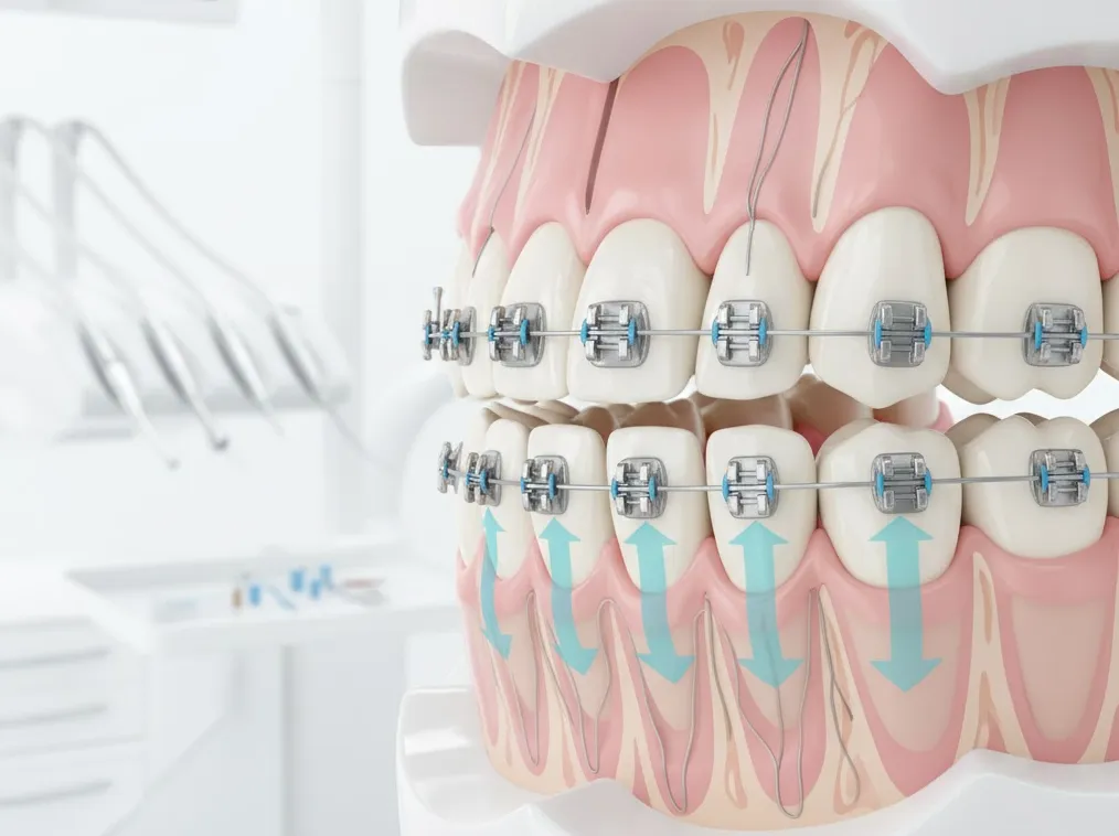 Modelo dental con brackets metálicos y flechas que indican el movimiento de los dientes